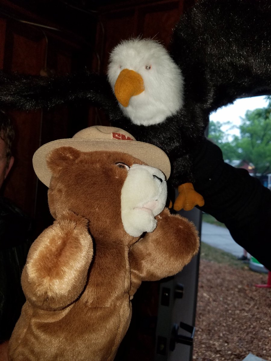 mnforestry's tweet photo. Smokey and Sky are getting ready for their show at 1 p.m. at the #mnstatefair Rain seems to have let up -- come on out to the DNR stage and join us! @mndnr @mnstatefair https://t.co/q53AU3Sv9o