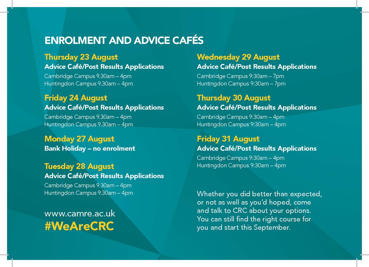 CRC_College's tweet image. Missed our Advice Cafe today? Dont worry, we're open again Tuesday at 9.30am - 4pm. Don't miss out on the opportunity to talk to our expert advisers. Join us on Tuesday! See you soon :) #GCSEs2018 #Enrolment