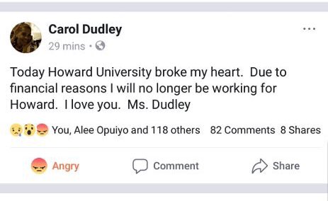 Breaking news today , Ms.Dudley is no longer working for Howard University. Students are upset and have started the #BringBackMsDudley  tagging the president of the university. Below is Ms.Dudley statement