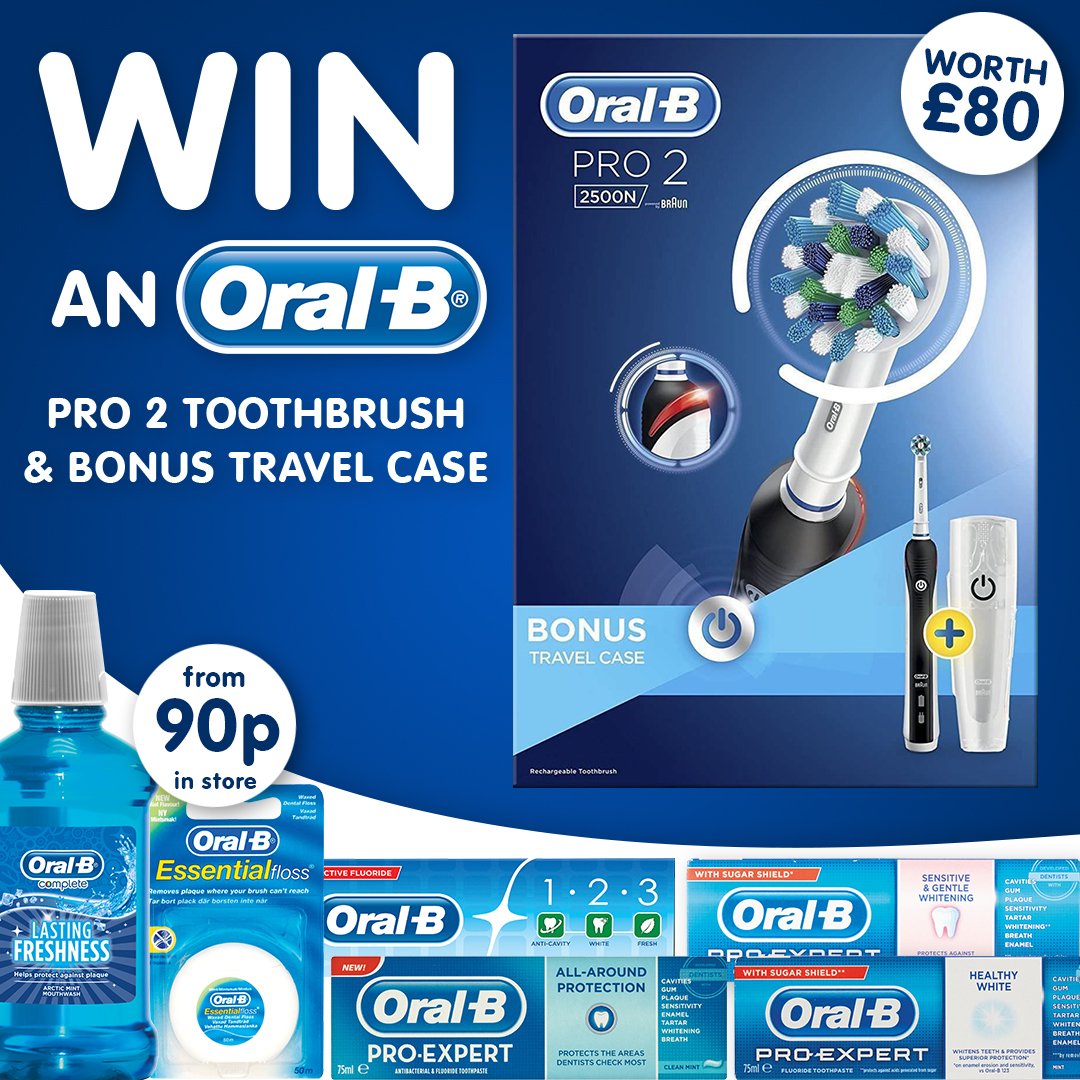 Poundstretcher1's tweet photo. ✨#COMPETITION TIME!✨ We've got that #FridayFeeling so we're giving you the chance to win this Oral-B Pro 2 toothbrush worth £80! To enter just RT this tweet with #OralBwin! Don't forget to make sure you've followed us too! 🙌 #giveaway https://t.co/905kdHKvSz