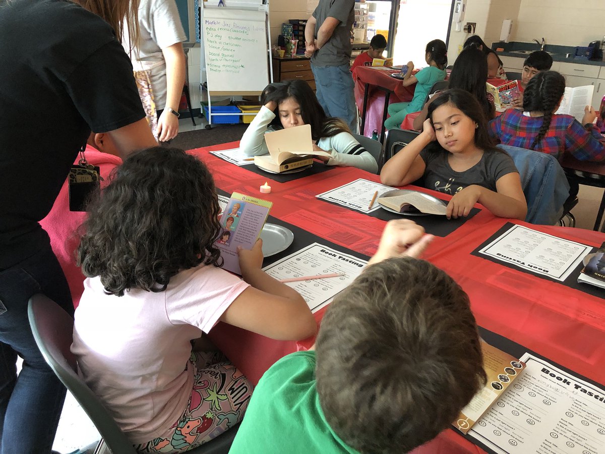 Fifth graders have built up quite an appetite for books...it’s no wonder with the Palmister Bistro and the other book tastings on the fifth grade team! #lcps19 <a href="/evihickman1/">EviHickman</a> #SPOTthereaders