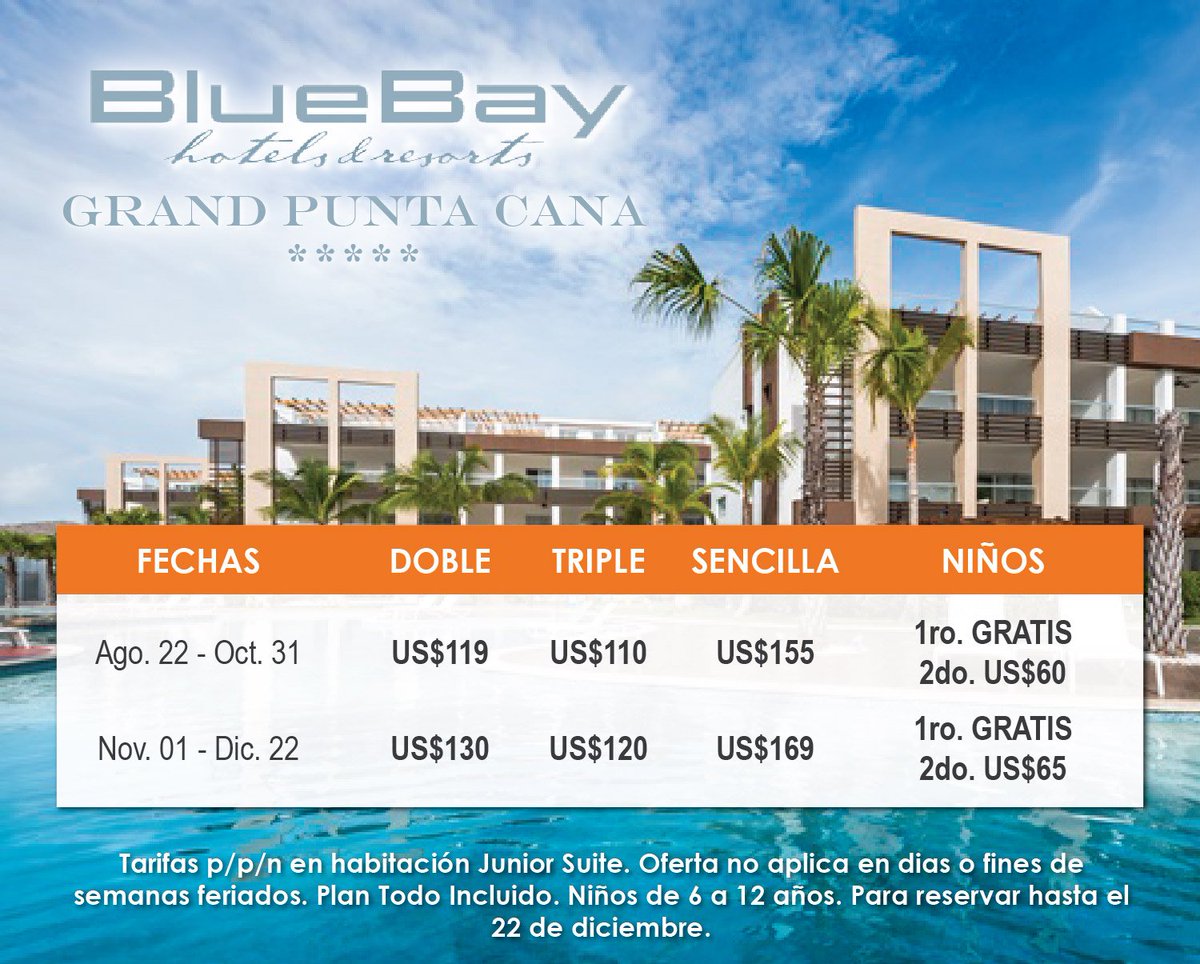 ExcursionesUS's tweet image. DISFRUTA CON NOSOTROS ESTE ESPECTACULAR HOTEL, BLUEBAY PUNTA CANA
