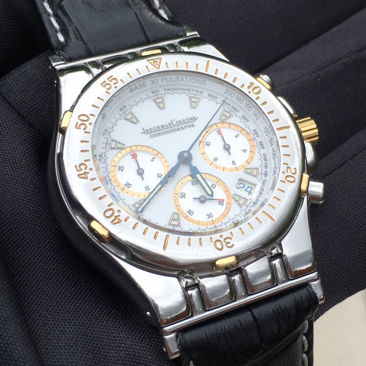 HighLoTime's tweet image. Jaeger-LeCoultre Kryos Chronograph 305.5.31 Calibre 630 Mecaquartz movement in 18K Gold and Stainless Steel from the 90’s. RRP in 1994 was GBP2100 #JaegerLeCoultre #JLC #Mecaquartz #VintageWatch #VintageWatches #Timepiece