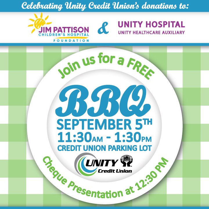 UnitySkCU's tweet photo. Unity Credit Union has donated $10,000 to our local Unity Hospital and $10,000 to the Jim Pattison Children's Hospital Foundation!
To celebrate, we will be hosting a FREE BBQ on Wednesday, September 5th from 11:30 β 1:30 in our parking lot. #CUintheCommunity https://t.co/ulUWMKSOVy
