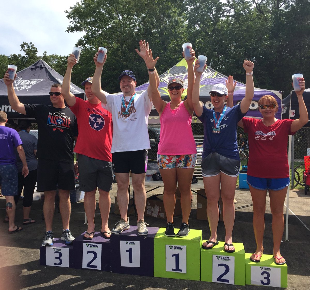 ThatGenXDad's tweet image. @usatriathlon The podium shot was from the @teammagicracing 2017 Cedars Of Lebanon Sprint race. First Tri since 2011. I’m in the white shirt for winning Clydesdales in 57:07. 2018 race is tomorrow, I’m 35 pounds lighter, and trying to best my 2017 time by 10mins. #mytimetotri