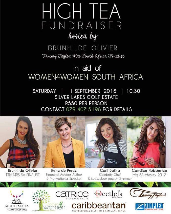 Join us at this event! 
You dont want to miss it!

Fun filled Inspirational Motivational High Tea morning

Contact numbers for tickets: 
079 407 5196

<a href="/BrunhildeO/">Brunhilde Olivier</a> 
<a href="/CandiceRobb01/">Candice Robbertze</a> 
<a href="/tammytaylors/">Tammy Taylor Nails</a> 
<a href="/SkinBodyRenewal/">Skin Renewal SA</a> 
<a href="/CatriceSA/">CATRICE South Africa</a> 
<a href="/MyCaribbeanTan/">Caribbeantan</a> 
<a href="/HouseofZinplex/">Zinplex</a> 
@Deetlefs_Wine