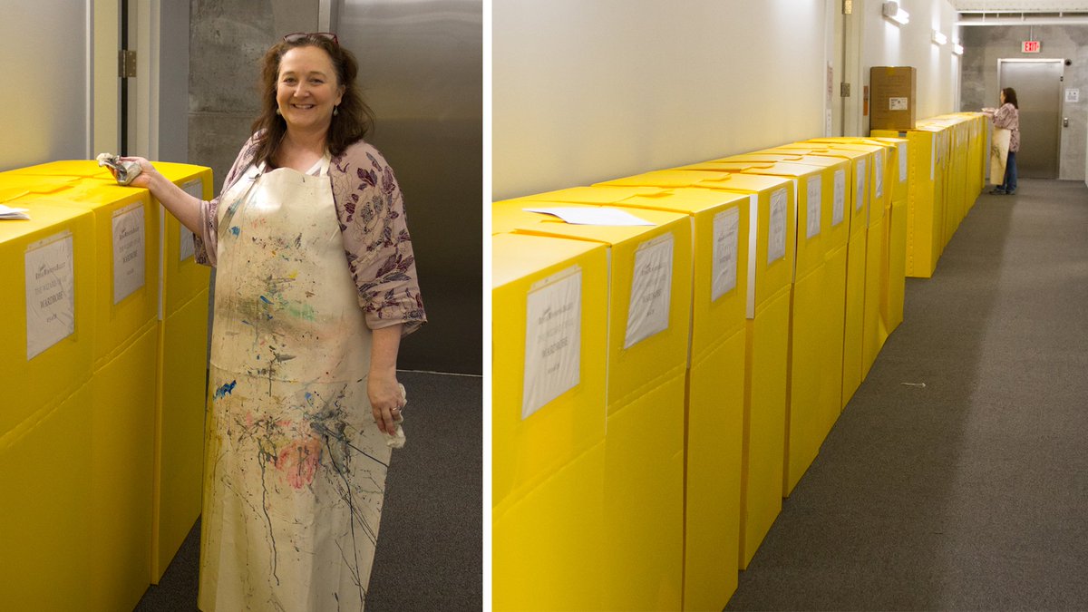 kcballet's tweet photo. πππ Costumes have arrived from @RWBallet! KCB Costume Manager Jennifer Carroll checks-in the bright yellow boxes containing new costumes designed by Liz Vandal for #TheWizardofOz world premiere ballet Oct 12-21 @KauffmanCenter πππ #countdowntoOZ #kcbOZ #Kcballet https://t.co/JezTJMqtjm