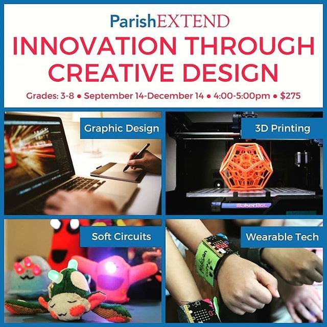 ParishSummertx's tweet photo. Fall Explorations Spotlight: Innovation Through Creative Design

Grades: 3-8

This ParishEXTEND class is geared toward creative thinkers and problem solvers. Students will choose one track or all four including graphic design, 3D printing, soft circuits and/or wearable techn… https://t.co/5DZHXyxUE3