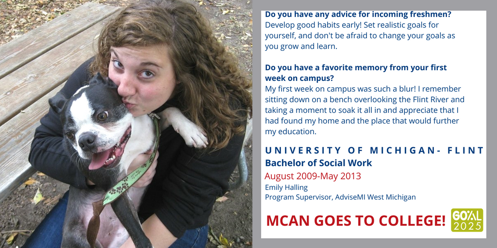 MICollegeAccess's tweet image. It’s that time of year again - Back to School! Join us each week as we flashback to some of our amazing staff members during their first week of undergrad! Up next, our West Michigan Program Supervisor, Emily Halling.