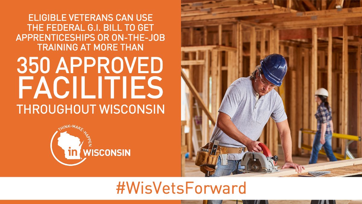 WIWorkforce's tweet image. Eligible Veterans in #Wisconsin can use the federal G.I. Bill to get #apprenticeships or on-the-job training at more than 350 approved facilities throughout the state. Start your path toward a high-paying #career in Wisconsin today. #WisVetsForward