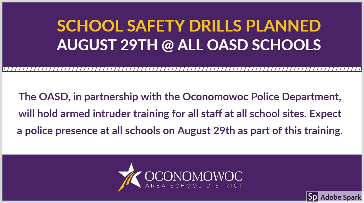 oconschools's tweet image. The OASD, in partnership with the Oconomowoc Police Department, will be holding a safety training on August 29th at all OASD schools. There will be a police presence at each location during the training. Schedule &amp;amp; more info here: bit.ly/2OYU7RB.  #oconpride