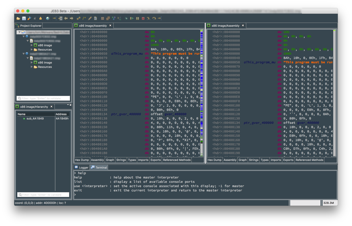 nyx__o's tweet image. TIL you can open multiple executables under the same project in @jebdec, easy side by side comparison #disassembler #decompiler