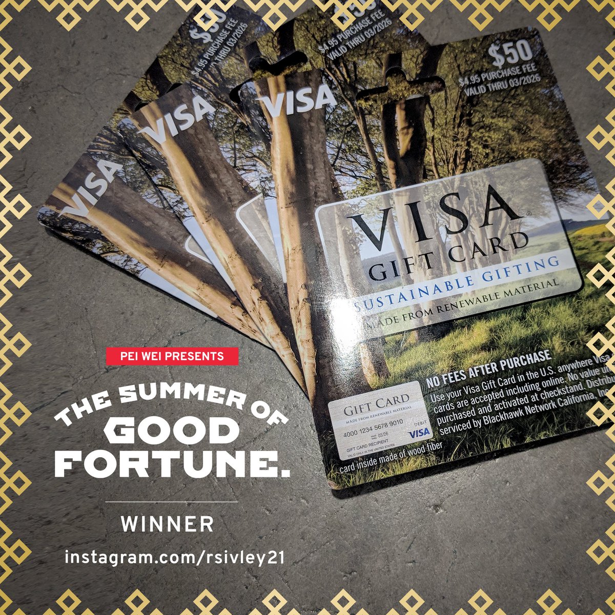 PeiWei's tweet photo. Consider your entry a success, Rochelle! Congrats to IG user rsivley21 for winning yesterday's #GoodFortuneContest. We're sending a $150 @visa gift card your way. Have fun celebrating your success! https://t.co/Lycvb9YMfS