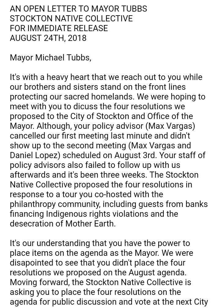 StocktonNatives's tweet photo. FOR IMMEDIATE RELEASE
An Open Letter to Stockton Mayor @MichaelDTubbs @Max_Vargas #DivestStockton #MMIW #MazaskaTalks #StopLine3 #NoKXL #NoBBP #NoDAPL
CC: @IENearth @BigIndianGyasi @wakiyan7 @zhaabowekwe @PennieOpal @jnoisecat @sunrisemvmt
https://t.co/9PS4SQGagX https://t.co/5x1CA4jRHQ