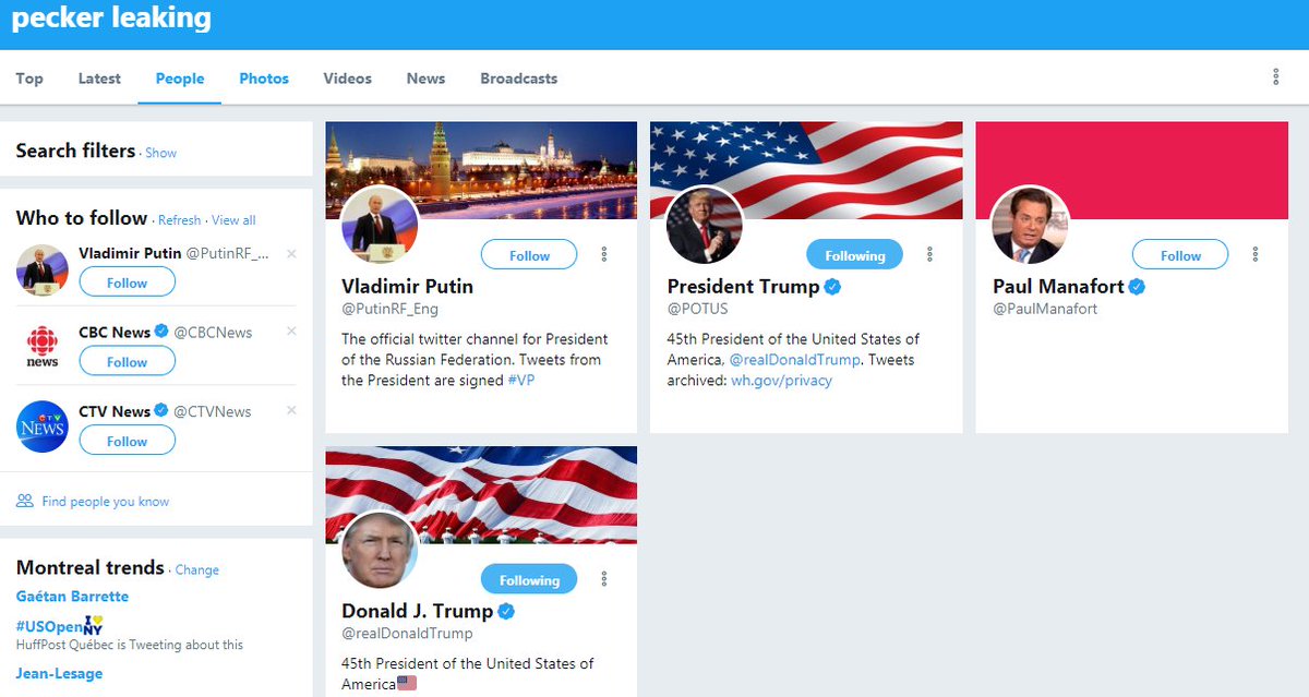 Pat_McQuilken's tweet photo. 👀
This is what you get under "People" when you search 'pecker leaking' in Twitter. 
#leakingpecker #peckerleaking #trump #cohen https://t.co/FGrO964dQ4