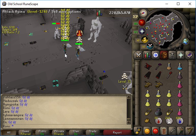 FoolsEoMeri's tweet photo. Action packed day out in GMT for Fools. First a little fight inside rev caves with @DivineForces then quick smallman pk trip in single leaving @monnixxx and @MogtimexD dead for 40m each. Great stuff keeping Wilderness active 🇫🇮🇫🇮 https://t.co/VcDIMo49Hw