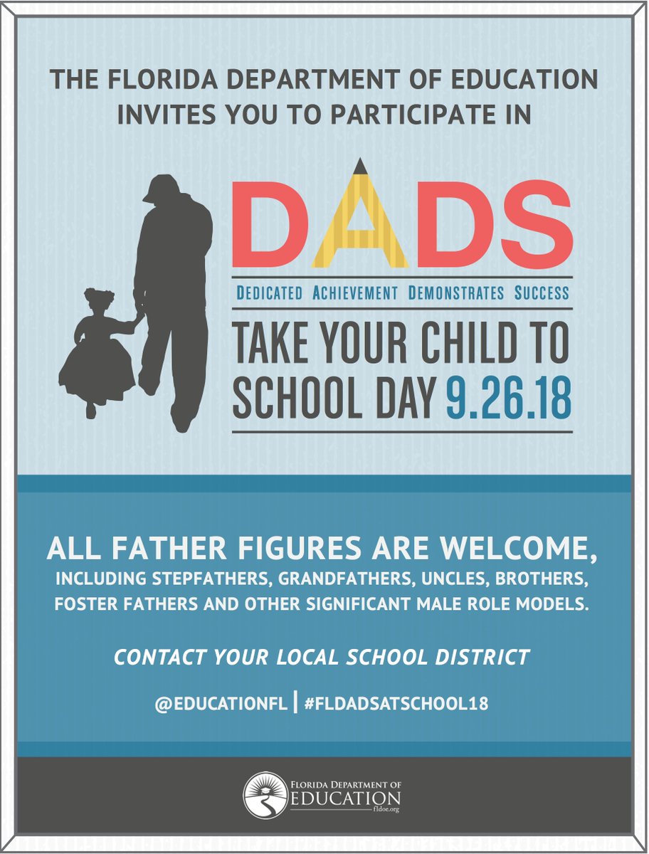 EducationFL's tweet photo. We're about a month away. Who's ready for Dads Take Your Child to School Day 2018?! 😁#FLDadsAtSchoolDay18 #FLedu https://t.co/8rdSwXqAaH