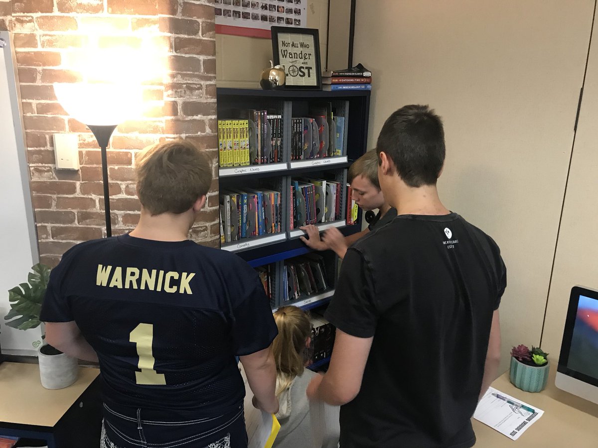 MsDendinger's tweet photo. Time to explore the new #read180 library 📚 Really enjoyed helping students finds new books and book talking stories based on their interests.  This scavenger hunt is great bc is also challenges students to look at book topics they may not typically read. #180Chat #tiffinproud https://t.co/DHxZSbAIC3