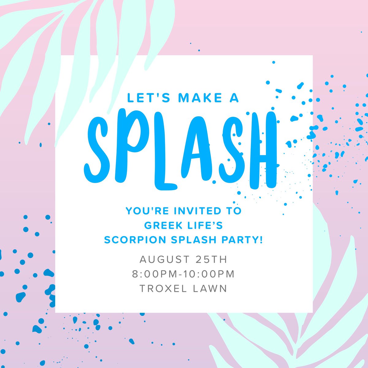 This just in! Summer isn’t over yet....Greek life will be having a Splash Party tomorrow evening! And everyone is invited! We hope to see you there. #gogreek #gopanhellenic