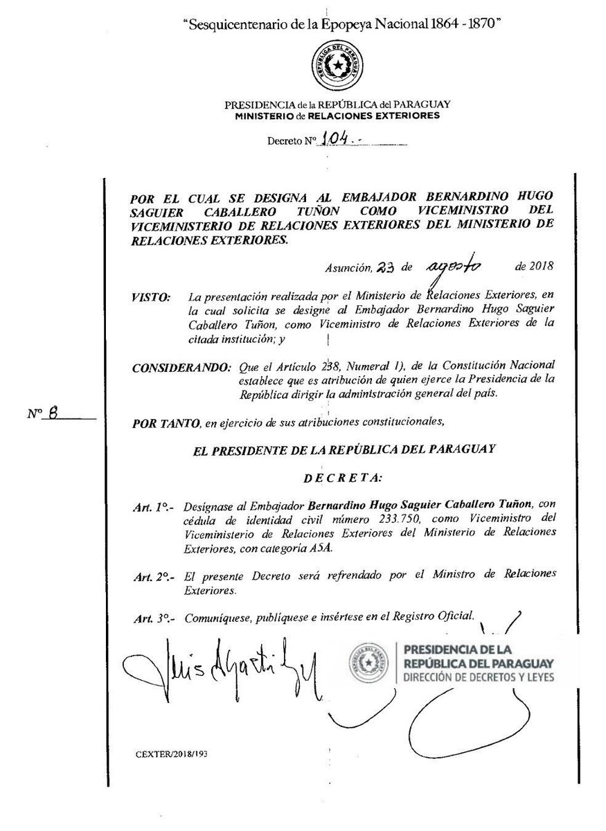 HugoSaguier's tweet photo. Es un alto honor haber sido designado Vicecanciller de este gobierno. Agradezco la confianza y distinción, al Señor Presidente y al Canciller Nacional. Pondré todo mi empeño para poder acompañar este nuevo Paraguay. https://t.co/v7o290oRbn
