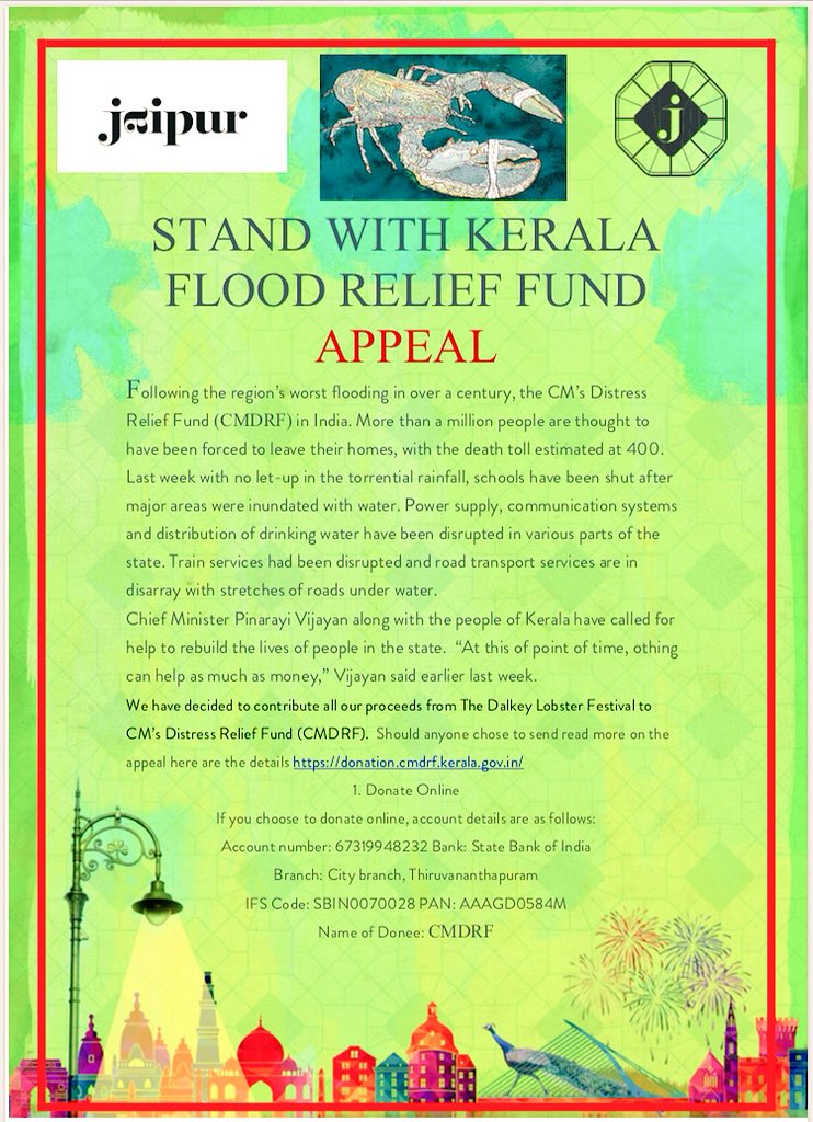 Following the disastrous flood in Kerala, we have decided to donate all of our proceeds from the Dalkey Lobster Festival to the CM’s Distress Relief Fund. If you would like to contribute, follow the instructions below.