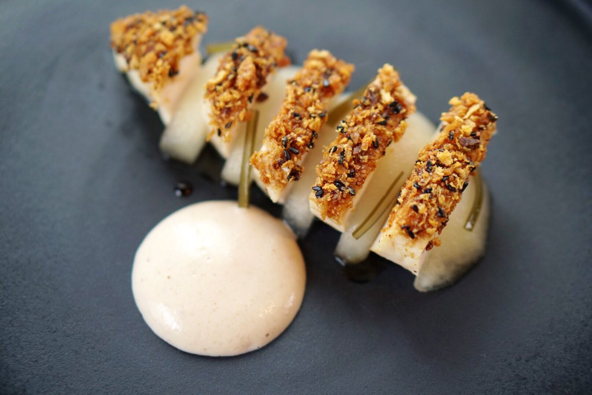 Eat_Vestige's tweet photo. New small plate: chicken breast with chicken skin furikake, Asian pear, pickled kombu, and whipped peanut. #MSCoastlife #Vestige #SpringerMtn https://t.co/MH5R4Xy25t
