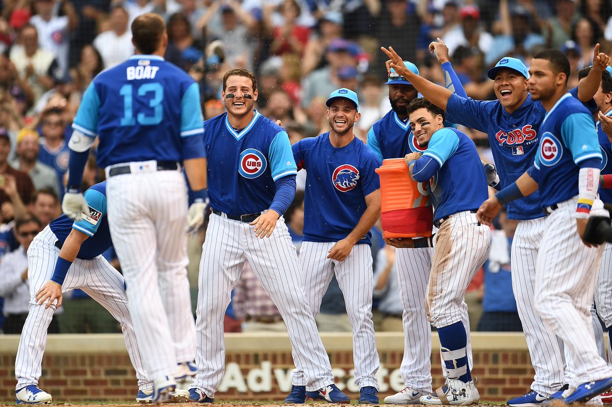 Cubs's tweet photo. David Bote snaps a nearly two-week-long stretch without a walk-off homer. #EverybodyIn https://t.co/2cN0vRYgw2