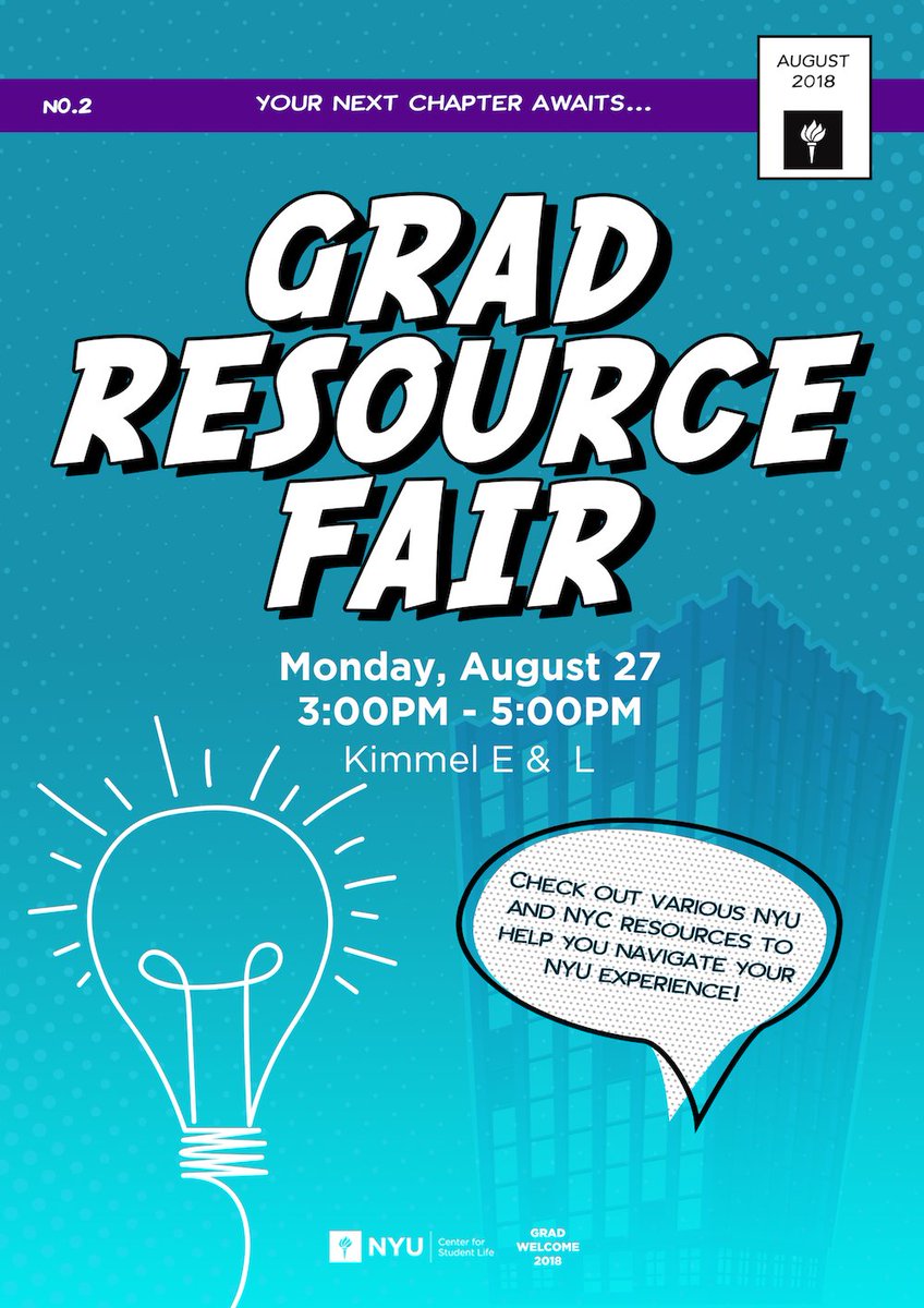NYUGradAdm's tweet photo. This Monday we'll be at NYU's Grad Resource Fair where new students can learn about NYU and NYC resources and opportunities to navigate their grad careers! #nyu #gradnyu #gradresourcefair #welcomeweek #gradwelcome https://t.co/kRMfKjqm73
