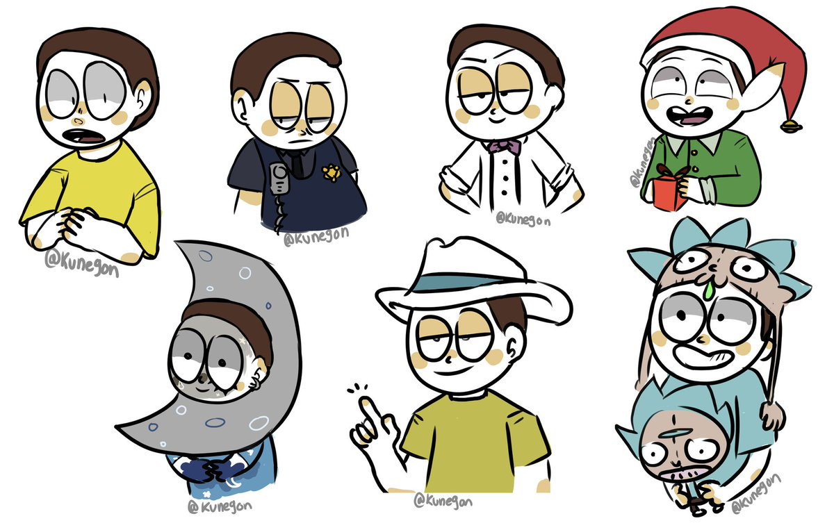 kunegon's tweet photo. Some mortys #RickandMorty #morty #copmorty #bartendermorty #moonmorty #elfmorty #cowboymorty #superrickfanmorty https://t.co/6FS4QzIA46