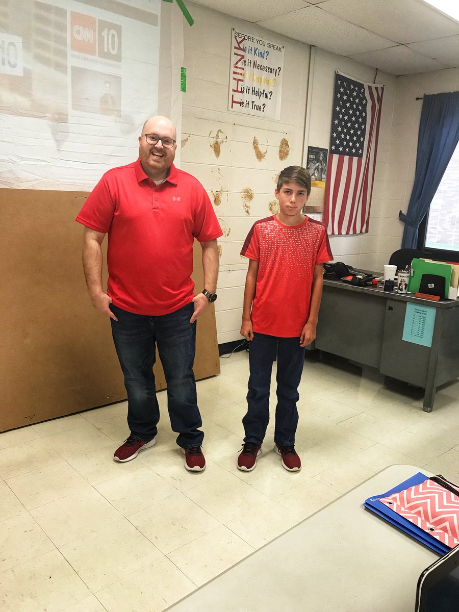 WiedmerHistory's tweet photo. When a student who is a twin already, comes in and is #twinning with you, you have to take a picture. Red shirt,  blue jeans, and the same awesome Nike shoes. It’s a great day to be a Cardinal! https://t.co/T8X1yeWL1y