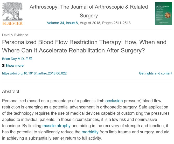 Dr. Day, "The therapy should be prescribed by a trained practitioner using a surgical-grade tourniquet with personalized blood flow restriction capabilities. View the full text at hubs.ly/H0dxtmD0 . #pbfr #physicaltherapy #rethinkrehab #earnyourdeflate #arthroscopy