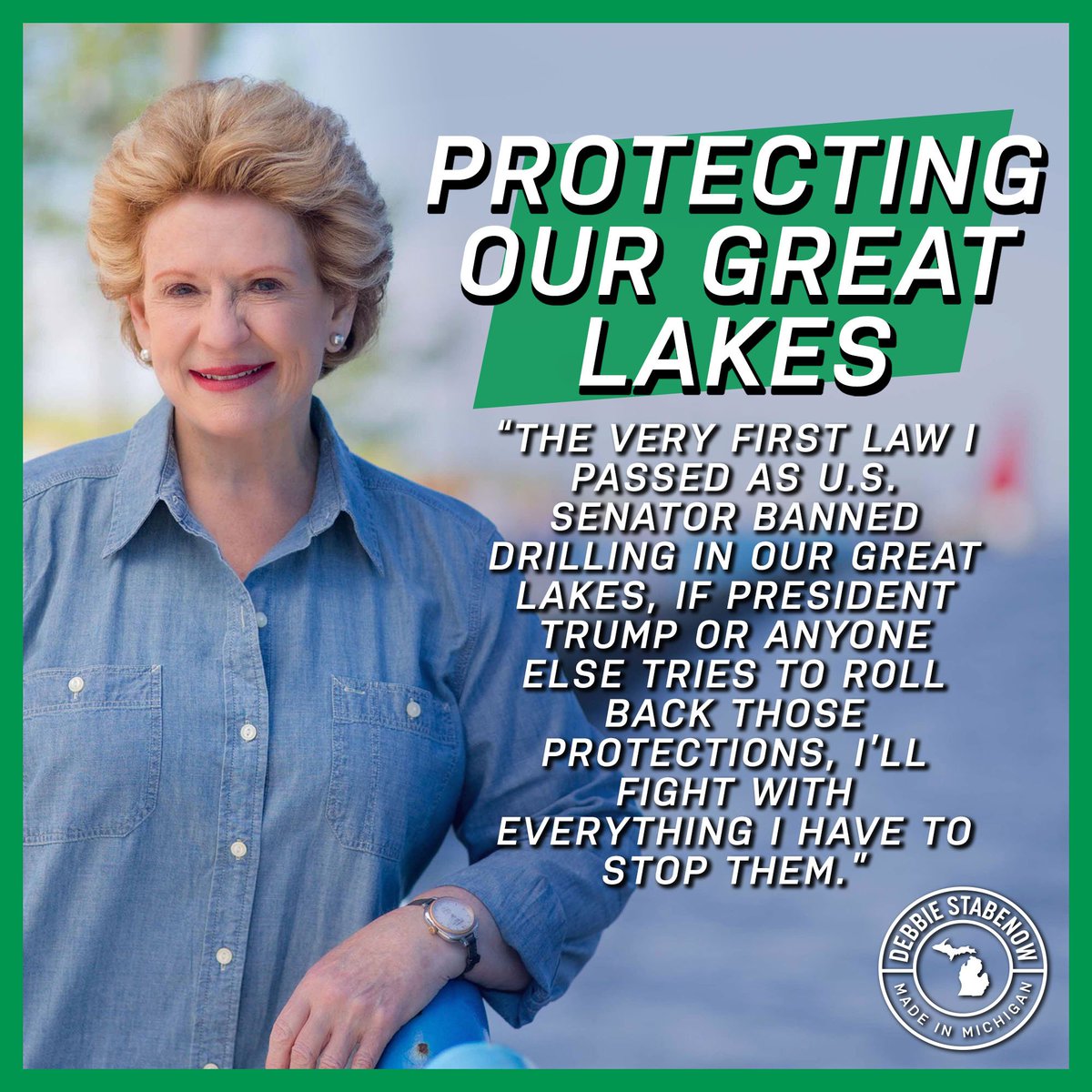 stabenow's tweet image. Debbie’s opponent John James is vowing to back Donald Trump&apos;s policies &quot;2000%.&quot; Meaning he’d double down on the administration’s war on our Great Lakes. That’s why we need Debbie - she backs Michigan 2000%, period. 

Retweet if you are with Debbie in protecting our Great Lakes!