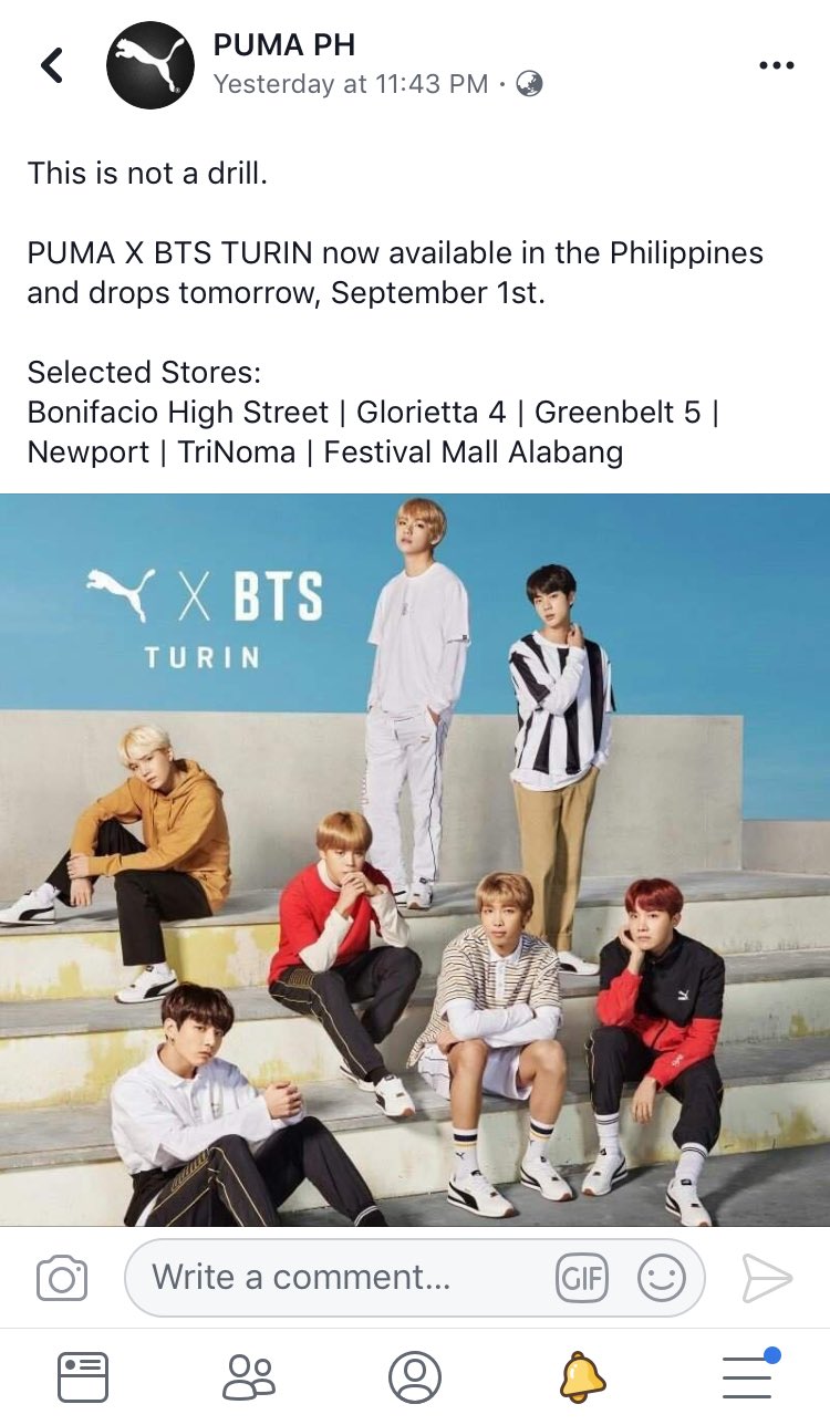 HOBI PH rest. on X PUMA X BTS PH ARMYs PUMA X BTS TURIN is now available in selected stores in the Philippines Bonifacio High Street Glorietta
