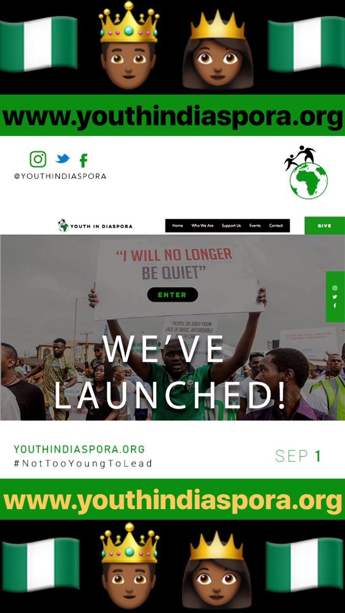 youthindiaspora's tweet photo. Are you a Nigerian youth living in the diaspora? Do you want to be apart of the positive change? Join the movement, follow us on instagram and stay connected!

Check out our website! https://t.co/dh31IJTg33

@YIAGA @AsoRock
#NotTooYoungToLead
#YouthInDiaspora
#HelpNigeria https://t.co/TOgPLNtKF0