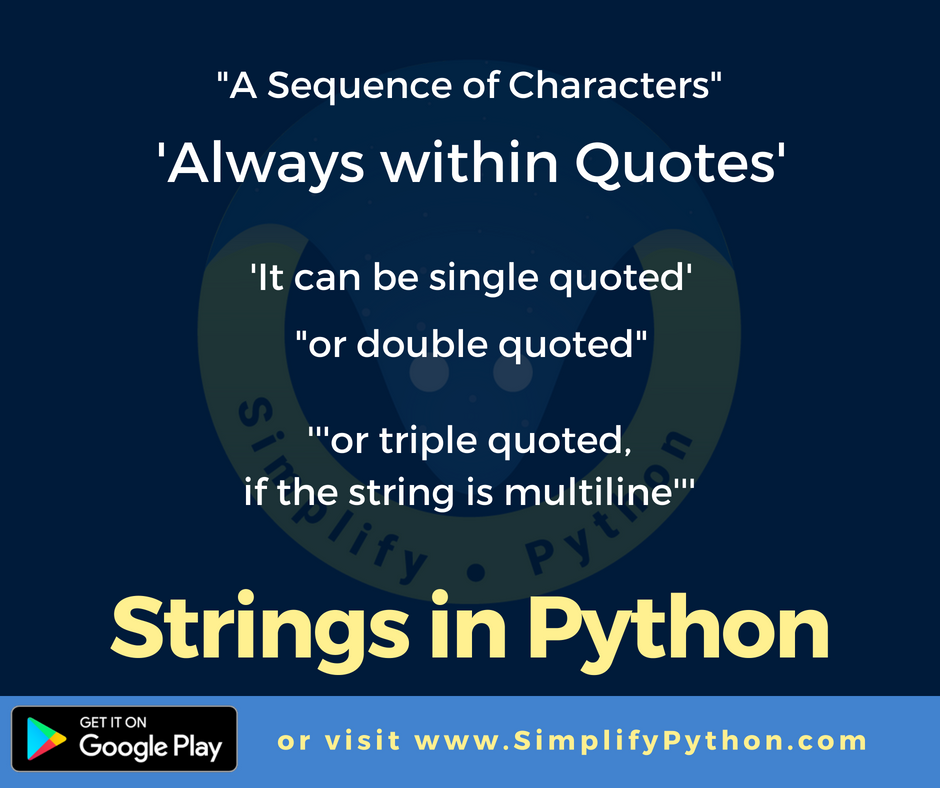 SimplifyPython's tweet image. Strings in Python | #SimplifyPython Strings in Python are simply a sequence of printable characters. Technically, Strings in Python, like many other programming languages, are a series or array or sequence of bytes which represent Unicode characters.
#Python #StringsInPython
