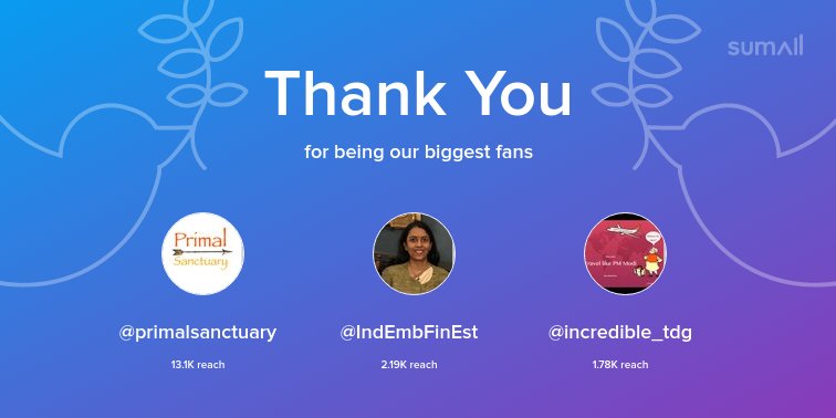 Our biggest fans this week: @primalsanctuary, @IndEmbFinEst, @incredible_tdg. Thank you! via sumall.com/thankyou?utm_s…