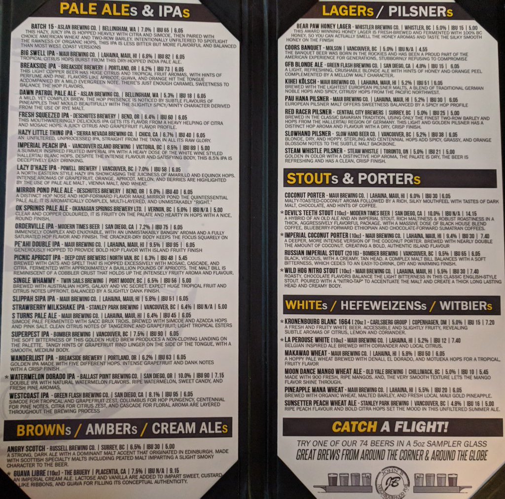 New beer menu out tonight @johnbpub @AslanBrewing @Beerthirst @CopperAndTheory @TruCraftBev @PowellBeer @bctreefruits @BeerthirstJason @mauibrewingco @DeschutesBeer @nwbeerguide @BCBeerGuide @BeersofBC @CAMRABC @CAMRA_SF @CAMRAVancouver @MolsonCoors @Backcountry604 @aframebrewing