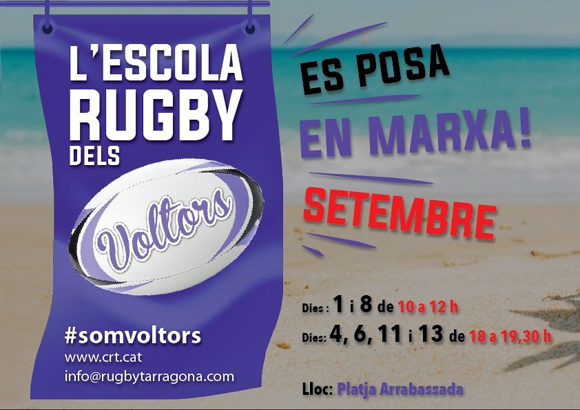 RugbyTarragona's tweet photo. Avui a les 10 del matí engega motors la nostra Escola de #Rugby a la platja de l'Arrabassada. #sensecamp #somvoltors #rugbycat 🏉🏉 https://t.co/YuHxioNjxs