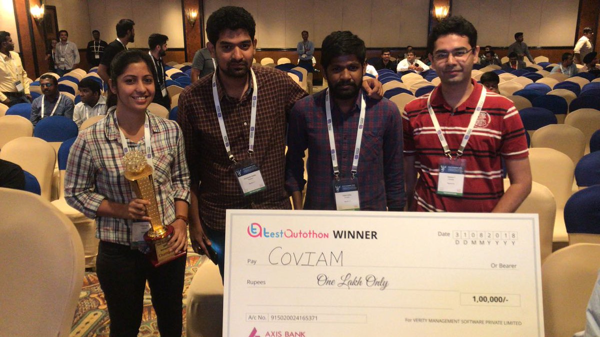 CoviamTech's tweet photo. Proud to announce Team @CoviamTech won the top prize and the best overall team at #stepin_forum #STEPINSUMMIT2018 Test Autothon 2018 among 43 participating teams. Amazing feat and congratulations to the team of Viswa, Priyal, Abhinav, Ravi and Sajeel! #AUTOMATION #testing https://t.co/Q5eA5kdwTT