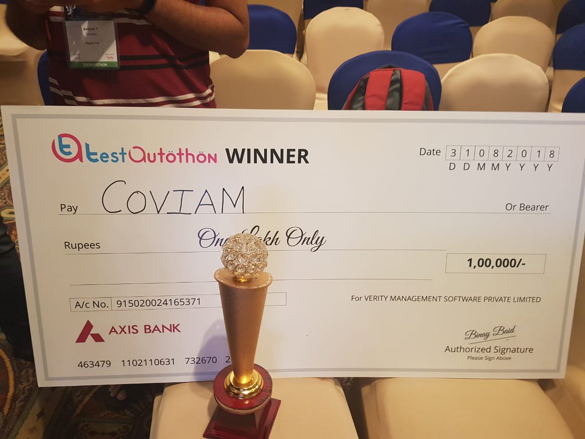 CoviamTech's tweet photo. Proud to announce Team @CoviamTech won the top prize and the best overall team at #stepin_forum #STEPINSUMMIT2018 Test Autothon 2018 among 43 participating teams. Amazing feat and congratulations to the team of Viswa, Priyal, Abhinav, Ravi and Sajeel! #AUTOMATION #testing https://t.co/Q5eA5kdwTT