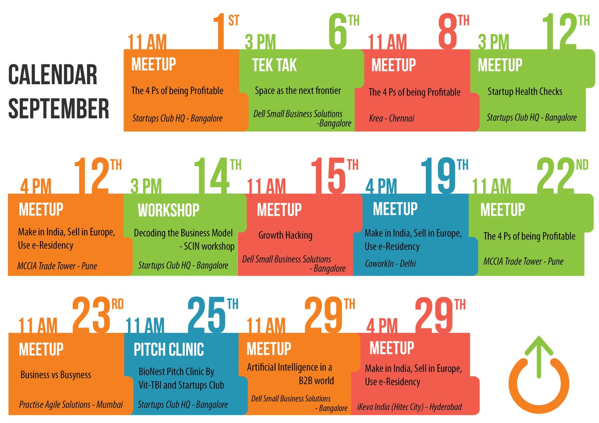 Calendar of Events for the month of September. Do not miss out on any of our events ! Pick your dates and city according to your convenience.

startupsclub.com/events

#StartupsClub #Calendar #MonthlyMeetings #Entrepreneurs #Connect #Network #Growth #Events