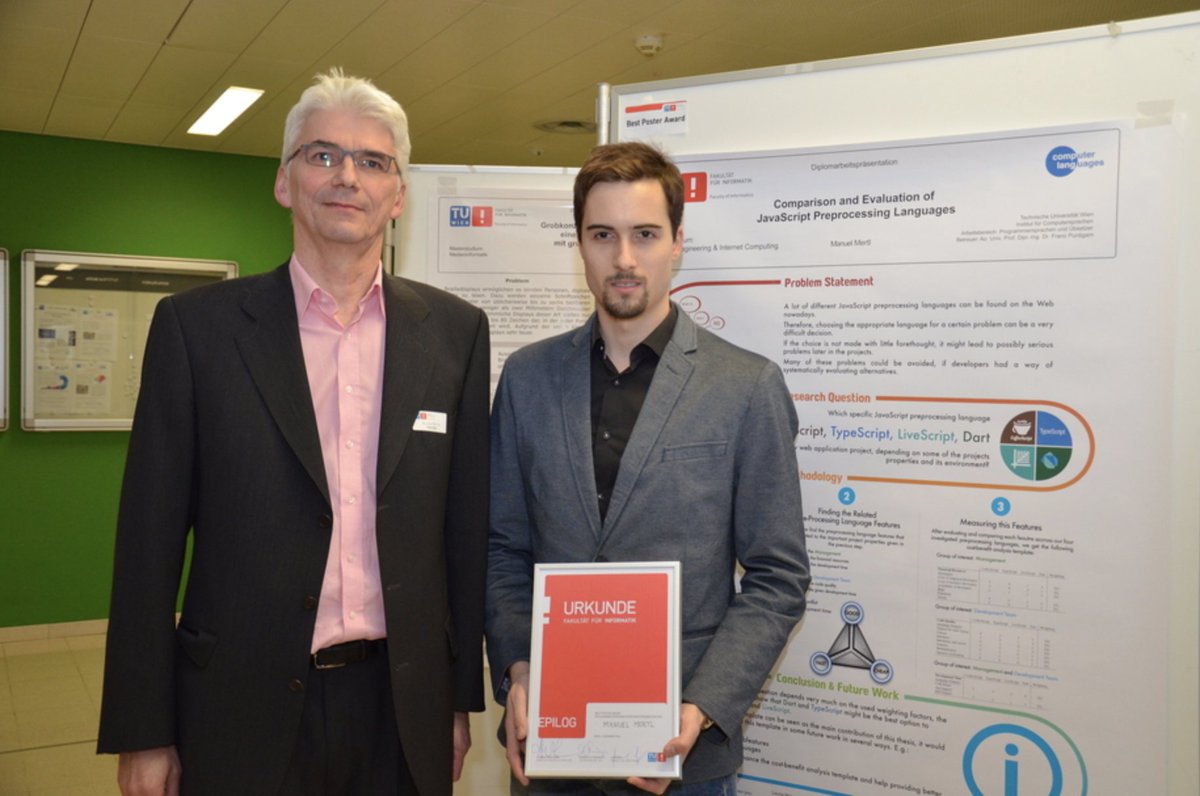 manuelmertl's tweet image. already nearly two years ago - award for my master thesis #javascript #typscript #dart #coffeescript #livescript comparison - with dean of informatic studies - technical university of vienna
