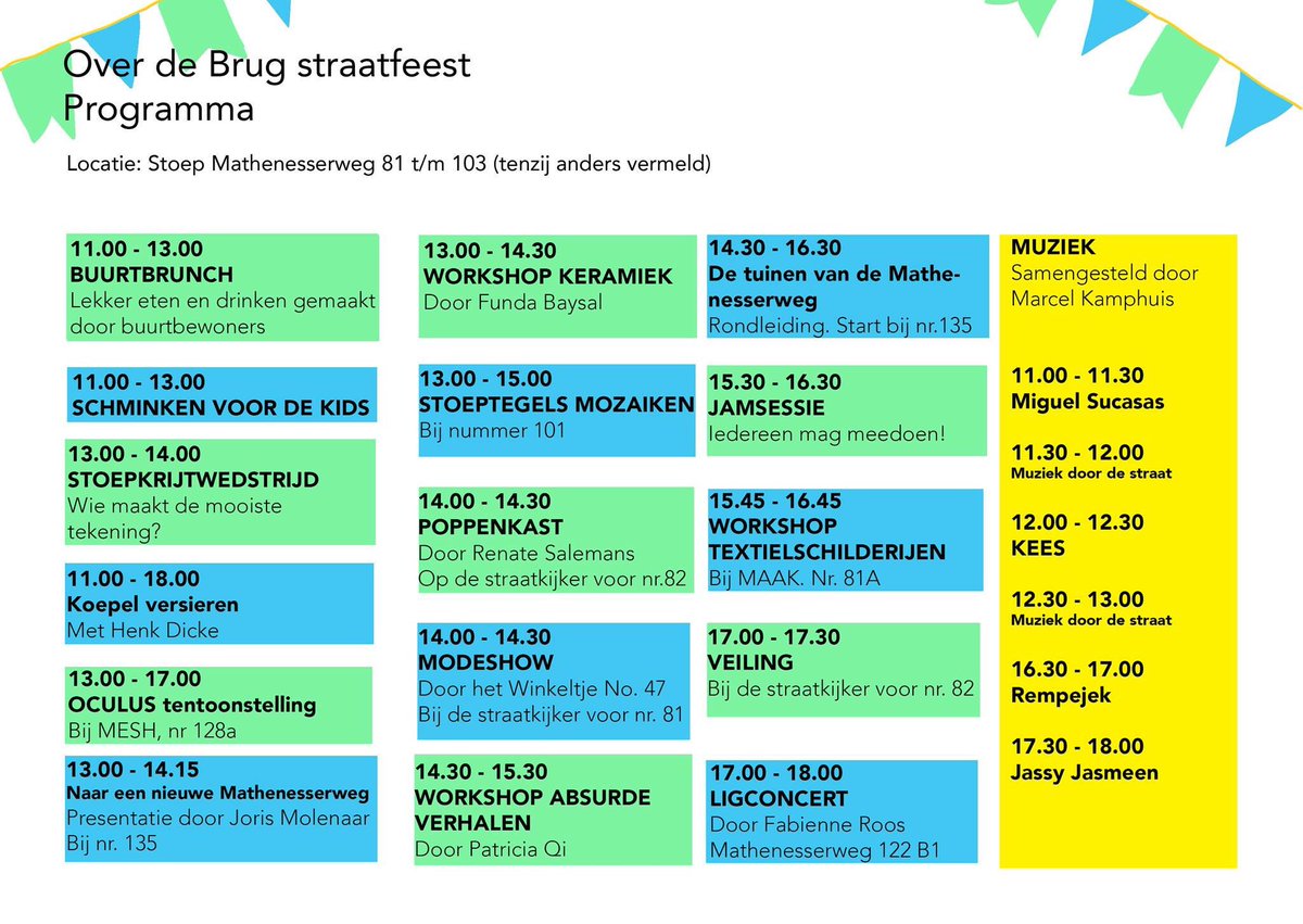 mathenesse010's tweet photo. Het volledige programma is bekend! Met o.a. een tentoonstelling bij @FoundationMesh, modeshow, workshop, #poppenkast, veiling, #ligconcert, #stoepkrijtwedstrijd bij #Straatkijker, #jamsessie van #Rempejek, een buurtbrunch en een kijkje in de mooiste tuinen van de @mathenesserweg. https://t.co/36AlKicewG