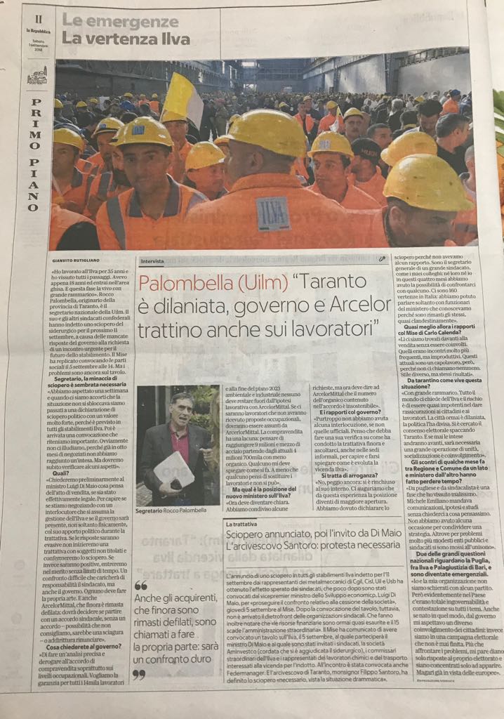 #Uilm #Ilva #Rassegnastampa <a href="/RoccoPalombella/">Rocco Palombella</a> La Repubblica, edizione di Bari