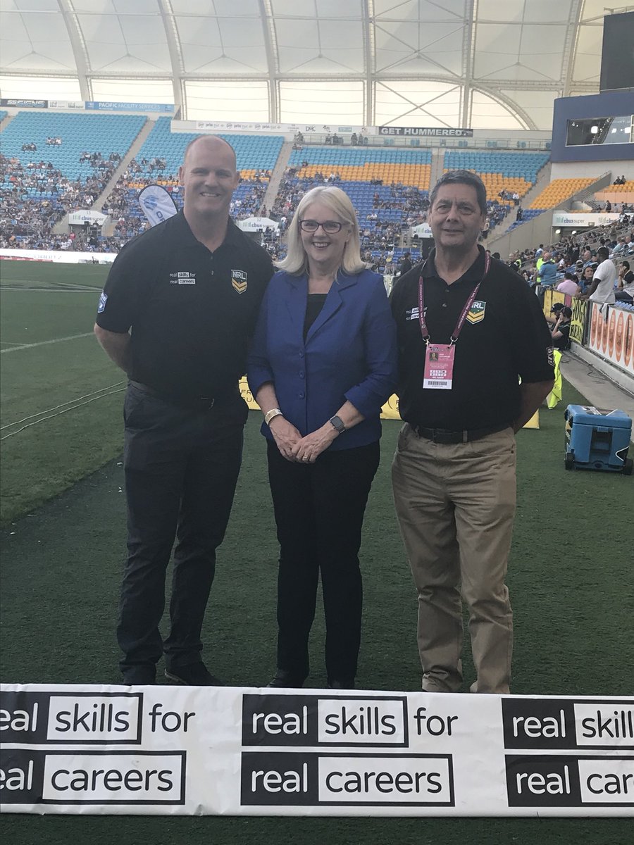 CassLawry's tweet photo. Great to have local MP @karenandrewsmp here at Cbus to show off our Real Skills for Real Careers activation and perform the all important coin toss for JT’s last game #realskillsforrealcareers #titansvcowboys #nrl @JohnHut58 https://t.co/ZuSlov4mk1