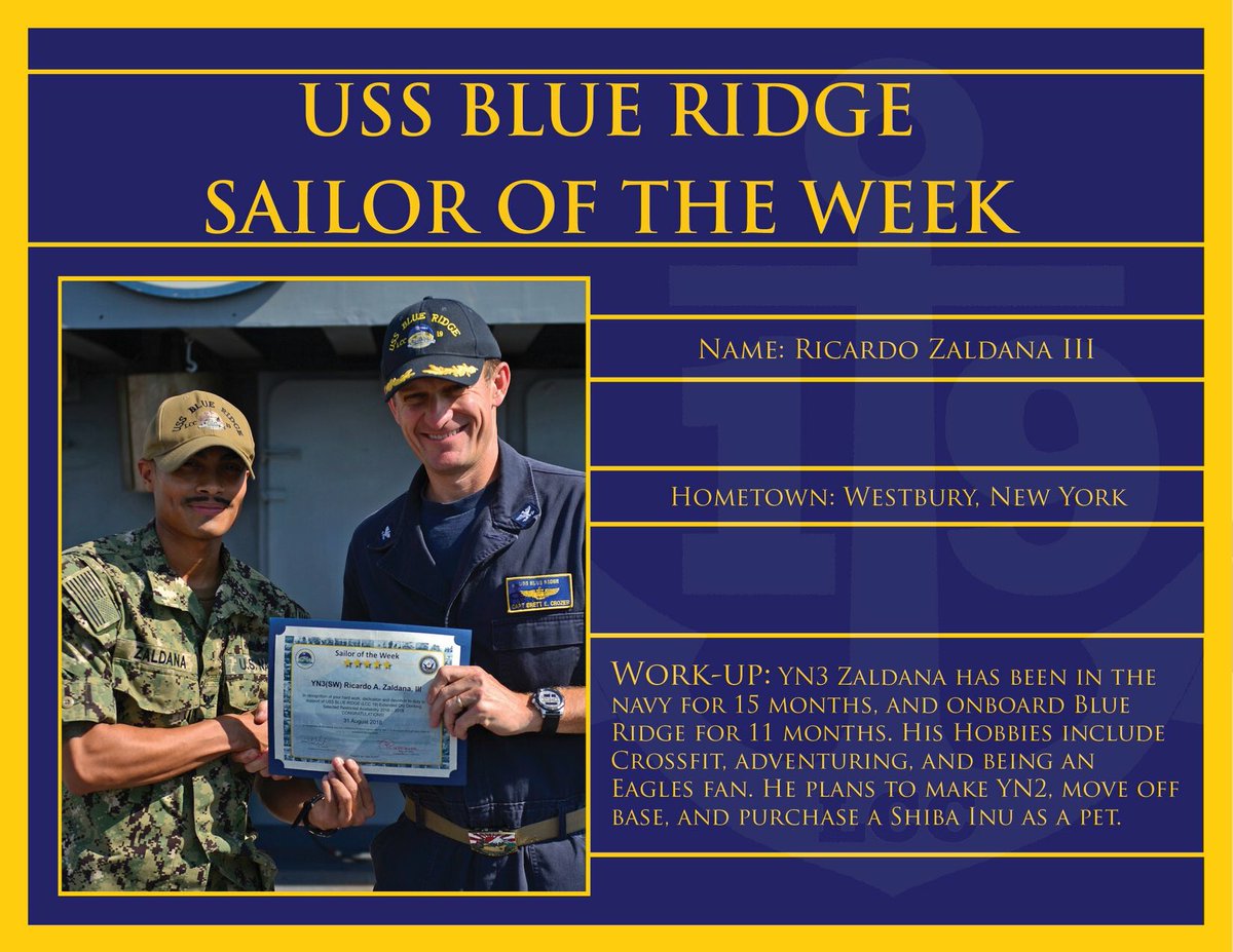 NavysFlagship's tweet image. Congratulations to YN3 Zaldana for being recognized as USS Blue Ridge&apos;s Sailor of the Week! Keep up the great work shipmate! #FinestintheFleet #NavysFlagship