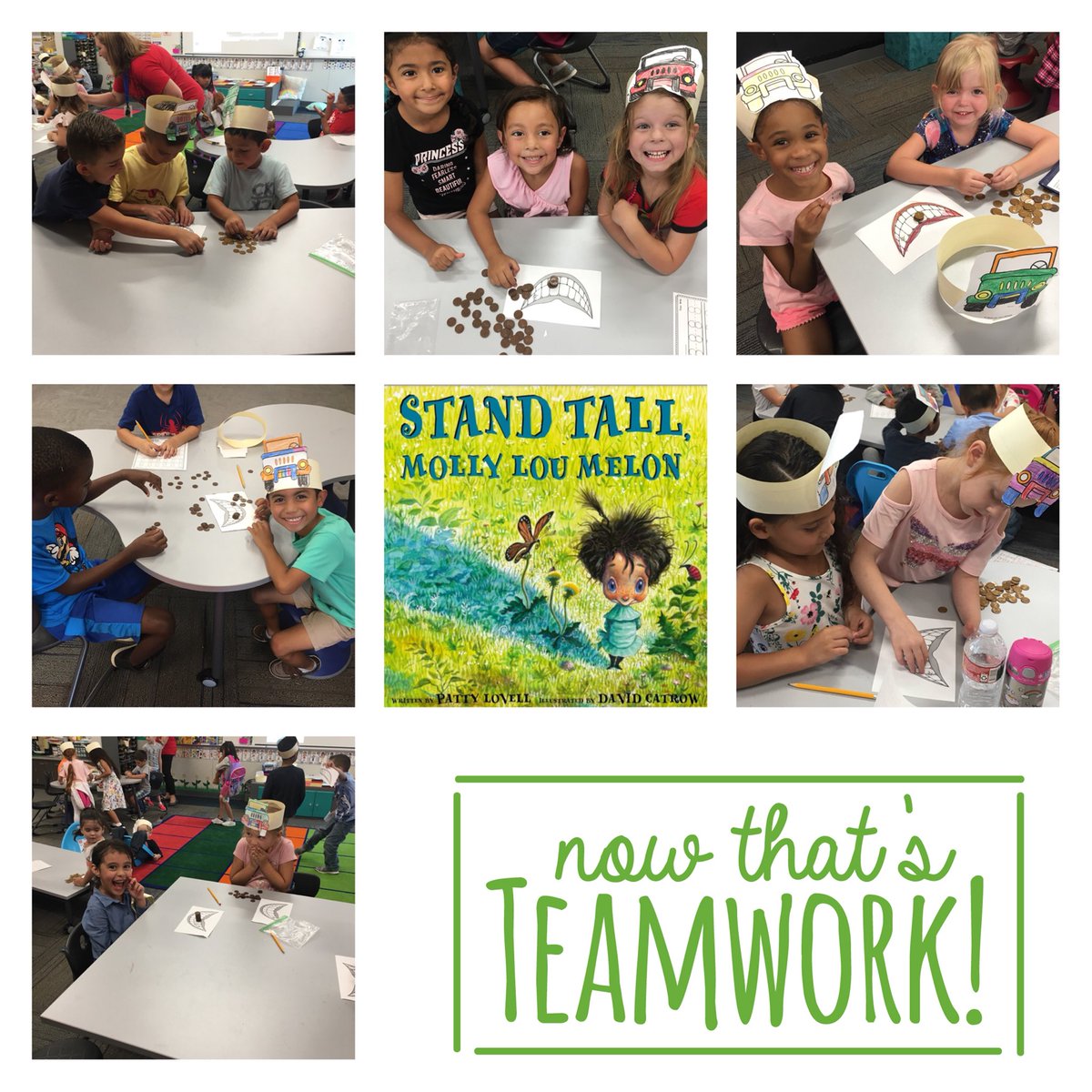 DelSolAcademy's tweet photo. K teachers @kaselle_c & @learnNkinder complete STREAM activities weekly in their class. This week after focusing on the story Stand Tall, Molly Lou Mellon the students found ways to balance their pennies on teeth just like Molly Lou! #JUSDShares #wearedelsol #OurFutureIsBright https://t.co/YO97a7nppa