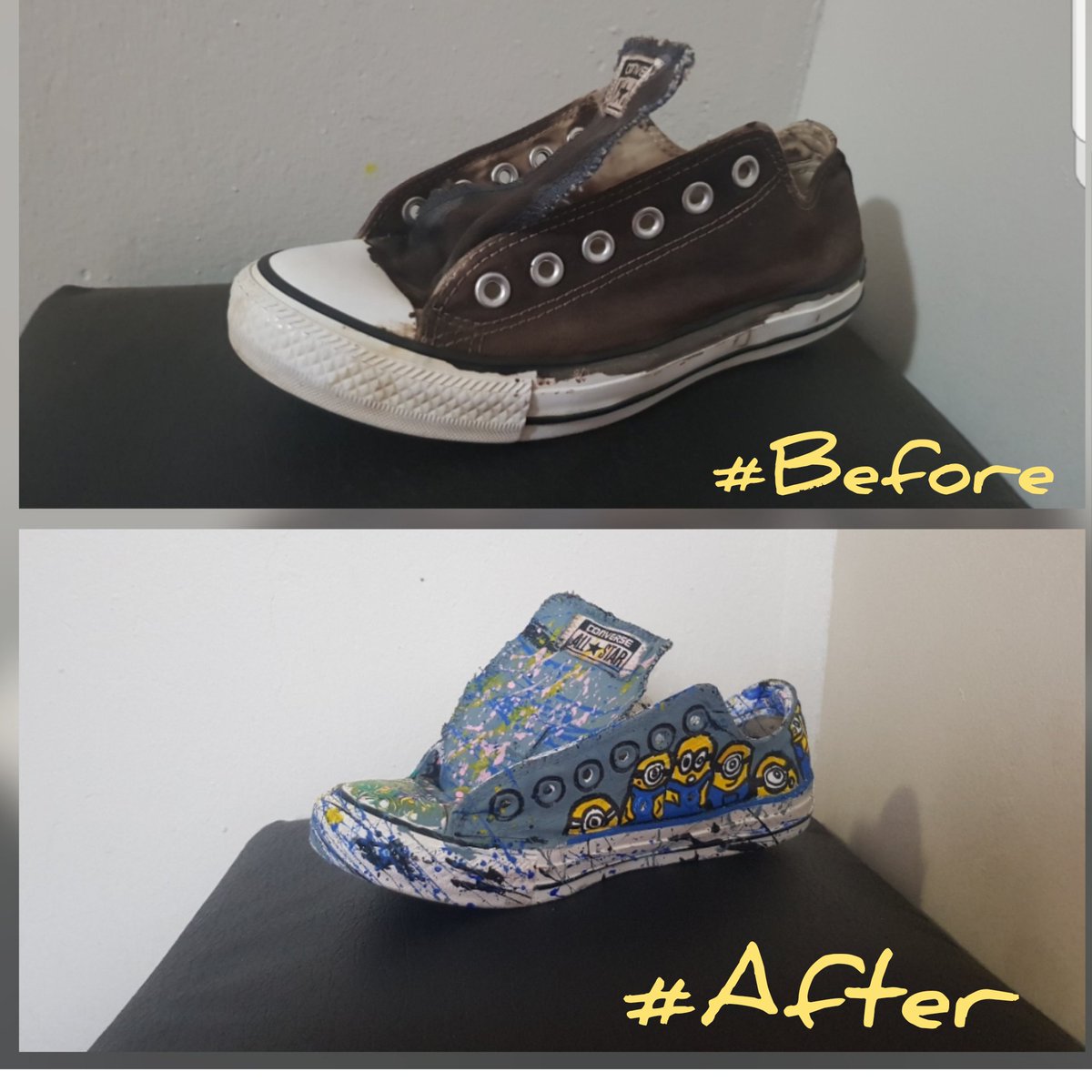 duduWagaG's tweet photo. Happy Client , i #DuduPoshArt performed a miracle on an old #AllSta #Converse #Minions #Cartoonart #Customisedconverse @Converse i am a #FemalePainter 📞 +27662038225 let me rejuvenate ur #Kicks #ArtonConverse #ArtonAllSta #Customisedtakkies #Customisedshoes #Before #ootd #After https://t.co/nQj4wZ5lwC