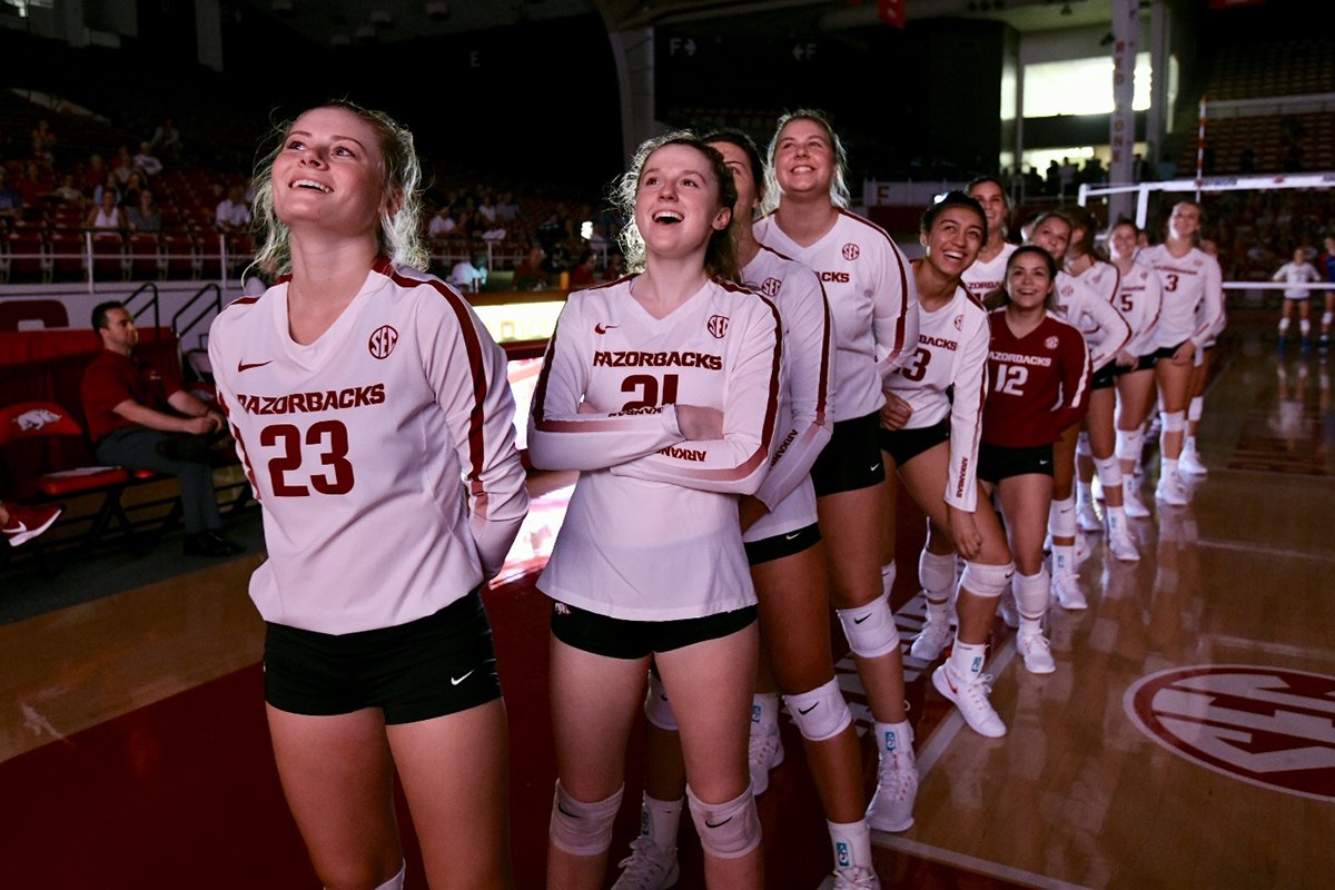 RazorbackVB's tweet photo. RECAP | O'Brien, Pamphile establish career highs in season-opening, five-set loss to Kansas.

Teams are back at it Sunday in Lawrence.

📝 https://t.co/ZLBNtaN498

#WPS https://t.co/kiZoEFdVG4