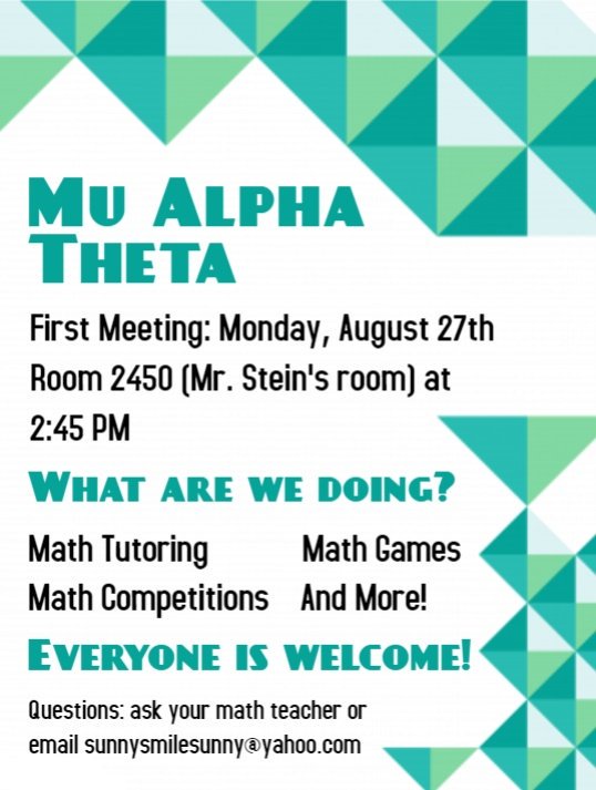 We would love for you to come check out the first Mu Alpha Theta (math club) meeting of the year.  <a href="/THS_Mustangs/">James E. Taylor High School</a>